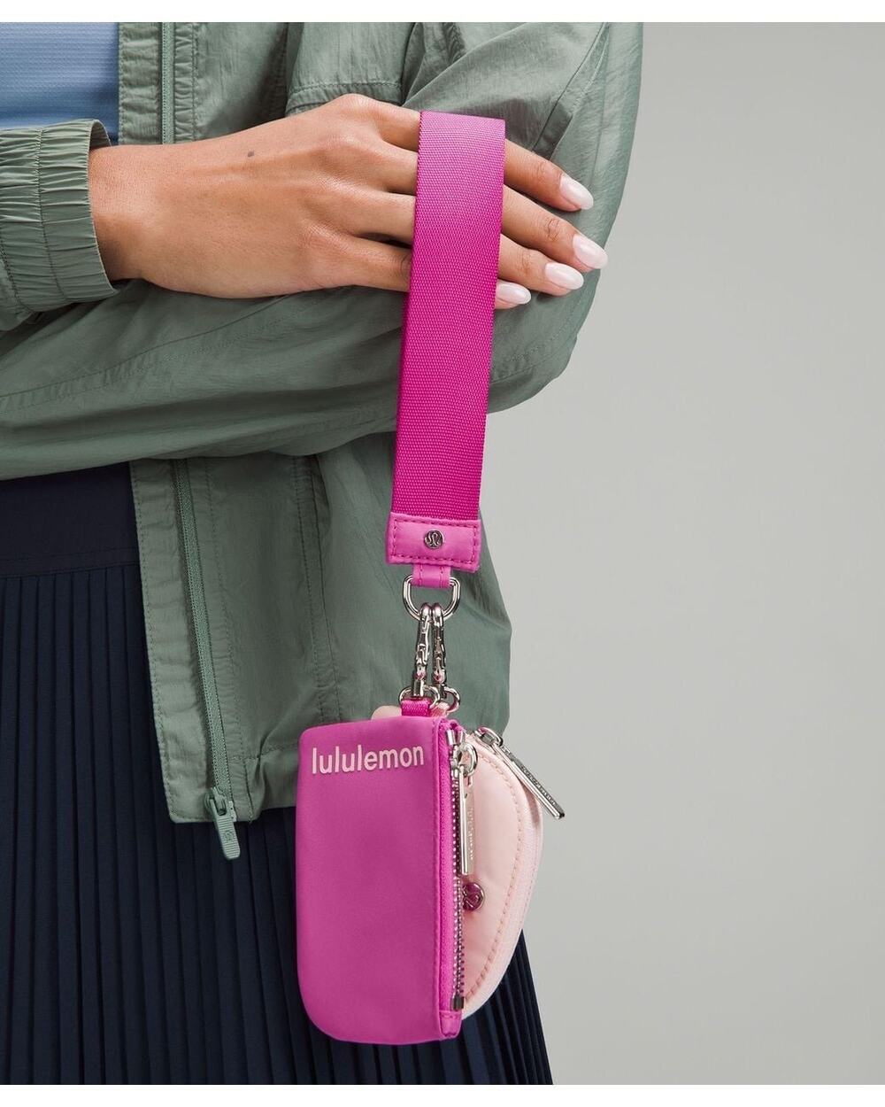 Lululemon Dual Pouch Wristlet Pink / Cream White with Bow Charm